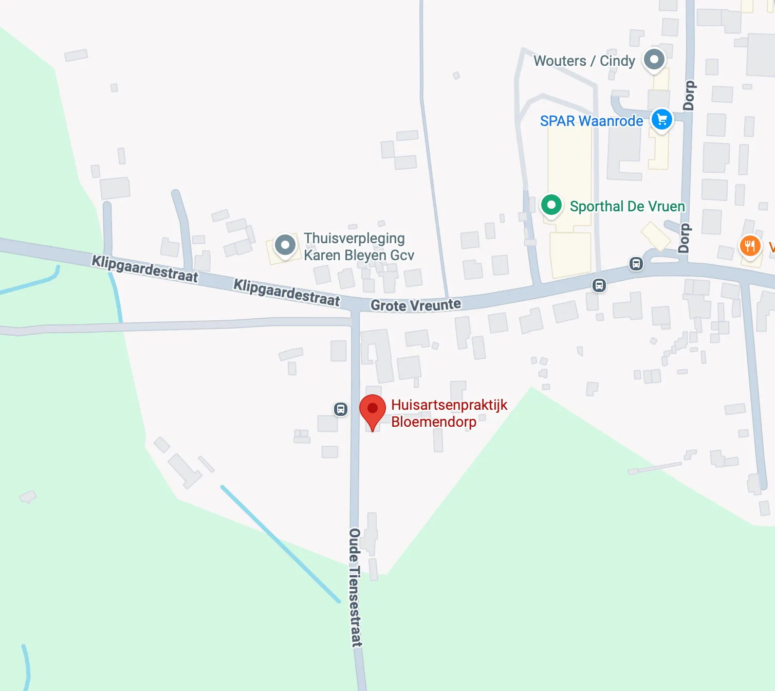 Kaart met de ligging van Praktijk Bloemendorp in de Oude Tiensestraat in Waanrode